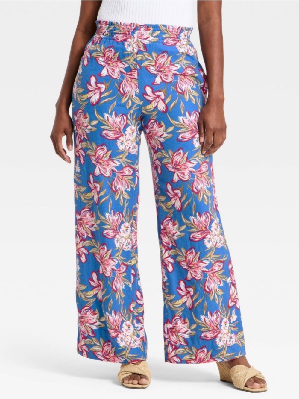 A New Day Linen Wide Leg Blue Floral Pull On Pants